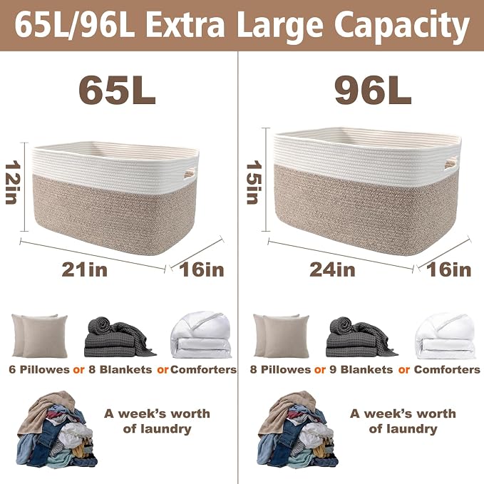 JMvicyroam Woven Blanket Basket,65L Large Storage Bin for Blankets Toys Clothes,Decorative Rope Basket for Living Room Bedroom with Handles, White&Oatmeal