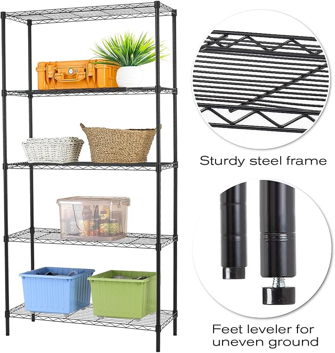 HCY 5-Tier Storage Shelf Heavy Duty Shelving Unit NSF Height Adjustable Metal Storage Rack for Laundry Bathroom Kitchen Garage Pantry Organization - 14inx36inx72in (Black)