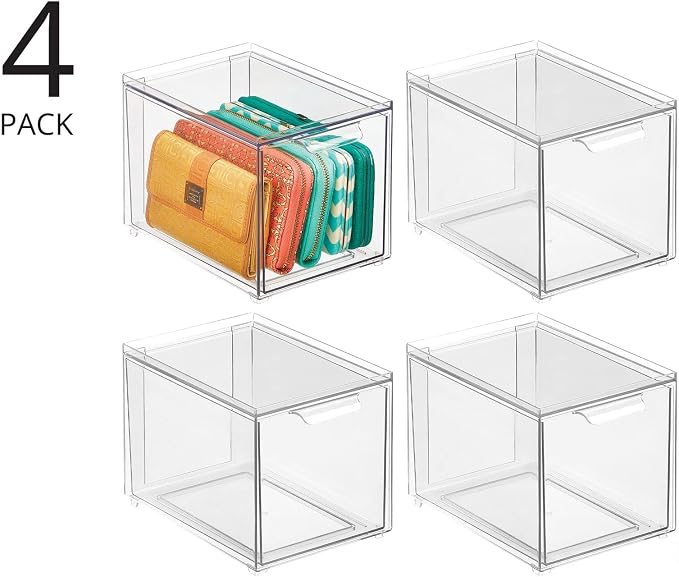 mDesign Shoe Storage Box with Drawer – Sturdy Plastic Storage Box for Shoes – Stackable Drawer Box for Shoes, Accessories and More – Pack of 4 – Clear
