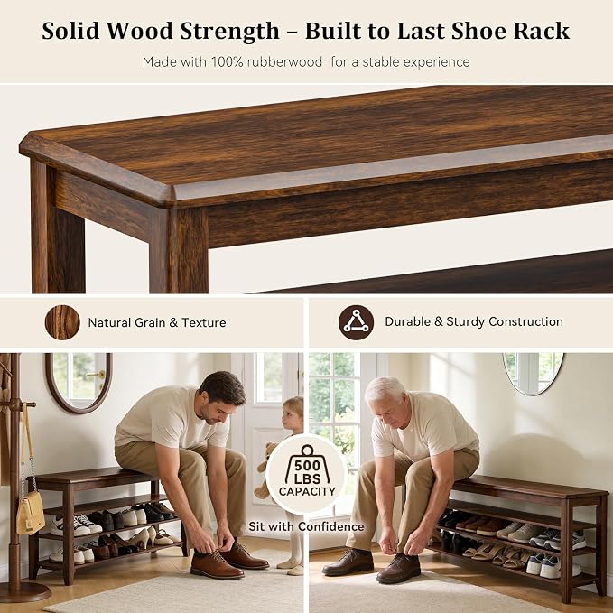 Taitiy Shoe Bench Storage Rubberwood, Entryway Bench with 3-Tiers Height Adjustable, Shoe Rack Front Door Entrance Organizer for Hallway Living Room, Mudrooms, Walnut,23.6"