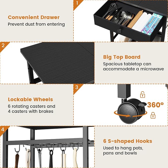 Microwave Cart, Microwave Stand with Wheels & Adjustable Shelf | Coffee Bar Table Station, 6-Tier Rolling Storage Cart Organizer Shelf for Living Room, Kitchen Island, Office, Black