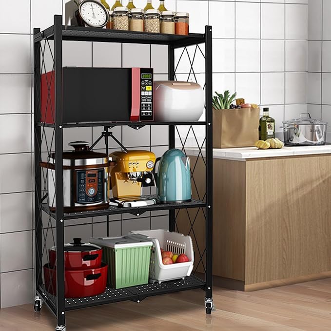 Life Hacks 2pcs 4-Tier Foldable Shelves for Storage, No Assembly Required, Folding Shelf Unit Pantry Shelves with Wheels, Metal Shelving Storage Rack Shelf for Kitchen Garage Home