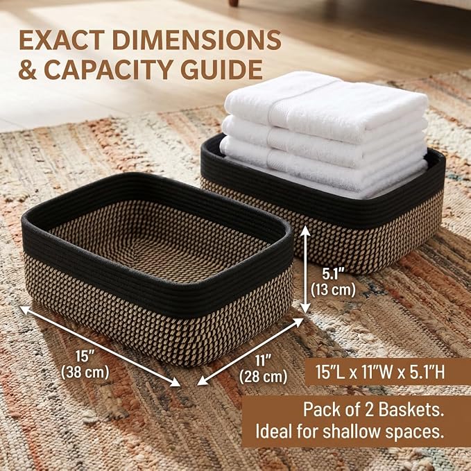 Large Shallow Basket, 15"x11"x5.1", Baskets for Organizing 3 Pack | Black Baskets for Organizing, Woven Storage Baskets for Shelves, Living Room, Nursery, Bathroom, Storage Basket Organizer