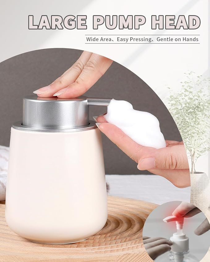 Bosilunlife 12Oz Ceramic Foam Soap Dispenser for Bathroom Kitchen Counter | Premium countertop foam pump creates delicate dense foam, stable desktop placement,Beige with Silver