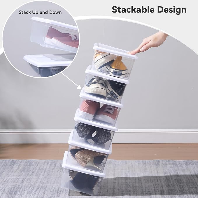 novelinks 8 Pack 6 Quart Clear Plastic Shoe Storage Bins with Lids (White) | Shoe Boxes Clear Plastic Stackable, Clear Shoe Storage Boxes, Shoe Containers, Shoe Bins, Craft Organizers and Storage