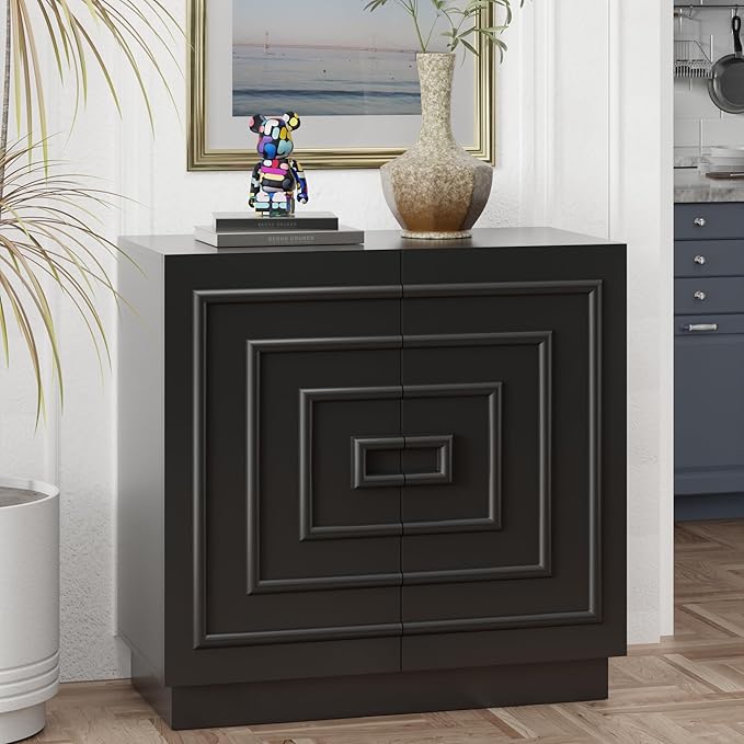 Aoikax Modern 2-Door Storage Cabinet, Sculptural Rustic Cabinet with Geometric Square Pattern, Contemporary Accent Cabinet for Bedroom, Living Room, Black