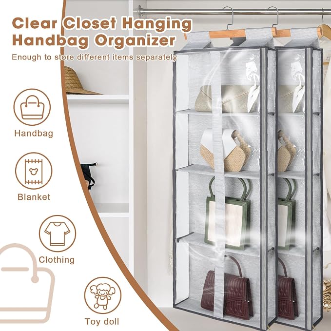Silkfly 2 Pack Hanging Purse Organizer with Zipper for Closet Handbag Storage PVC Mesh Shelves with 4 Pockets for Bedroom Door Wardrobe Shelf Rack Space Saving(Gray)