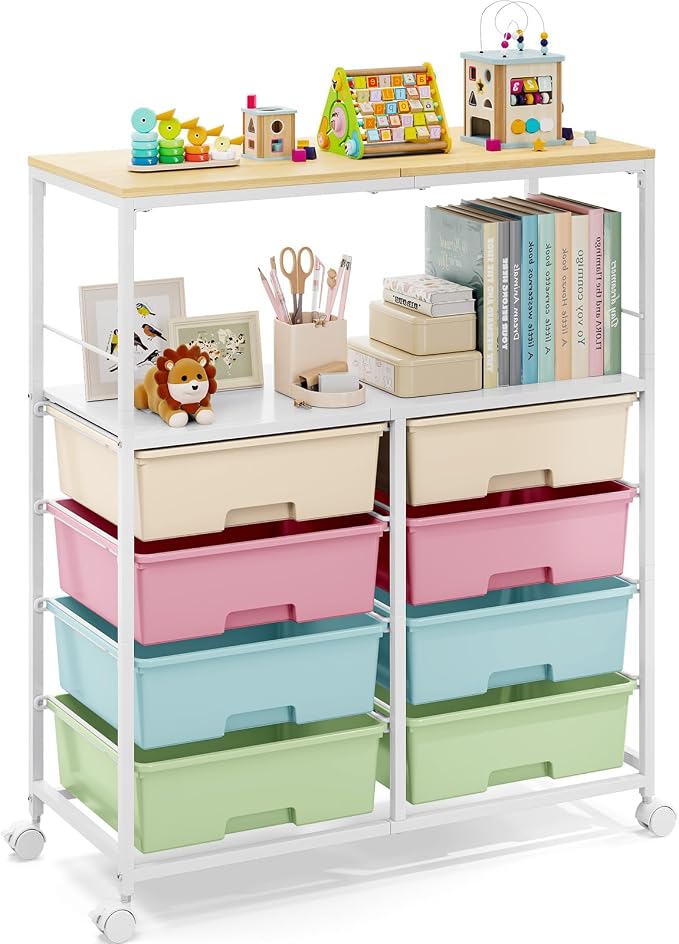Rolling Cart with 8 Drawers,Storage Drawer Cart with Wooden Tabletop,Lockable Wheels Organizer for Homeschool, Arts & Crafts, Classroom, Office & Creative Spaces (Colorful)