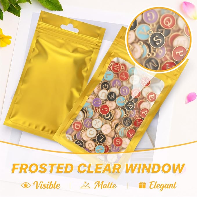 100 PCS Resealable Mylar Bags with Zipper and Frosted Clear Window Smell Proof Packaging Bags Foil Pouch Zipper Bag for Food Self Sealing Storage Supplies (Golden, 3.54x6.29)