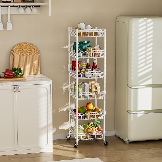 SINGAYE 6 Tier Shelf Wire Shelving Adjustable Storage Shelves Basket Rack | Adjustable Shelves with Wheels Metal Storage Unit Closet Bathroom Organizers Pantry Kitchen Garage Laundry Room White