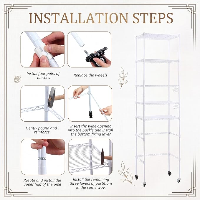 5tier over Fridge Shelf for Dorm with Wheels 90.5 Tall Fridge Shelf White | Adjustable Height Storage Shelf Metal Rack Hooks PP Shelf Liners Anti Tip Kits for Dorm Kitchen Laundry College Pantry