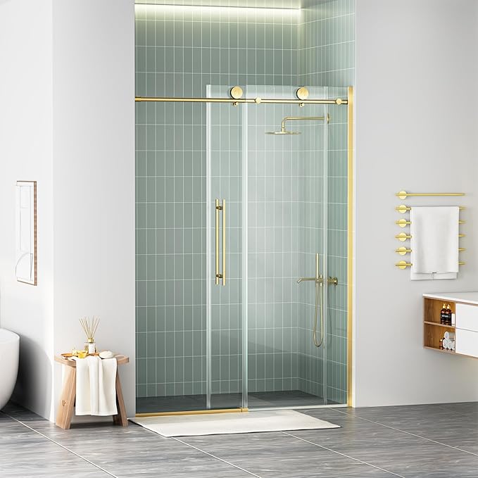 WinZo Frameless Shower Door 50-54 in W x 75 in H, Sliding Shower Door with 5/16"(8mm) Clear Tempered Glass Shower Door, Easy to Clean Bathroom, Silent Soft-Close Design, Brushed Gold