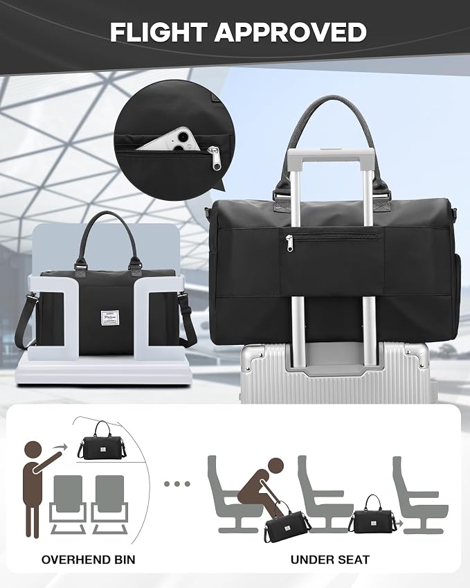Gym Bag for Women Men Duffle Bags for Travel with Shoe Compartment Shoulder Weekender Overnight Carry on Tote Bags for Airplane Beach Bag Workout Yoga Sport Swimming Black