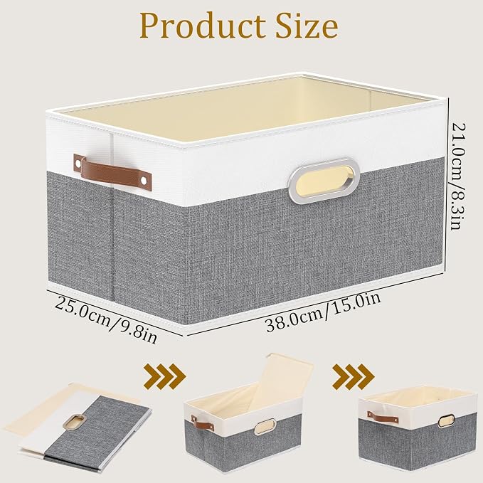 Yawinhe Collapsible Fabric Storage Bins,15.0x9.8x8.3in,White/Grey,4-Pack | Foldable Storage Baskets for Shelves, Closet Boxes for Organization, Washable Closet Organizer for Towels, Canvas Bins