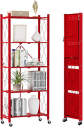 DEANIC 5-Shelf Folding Bookcase with Wheels, Heavy Duty Storage Shelves, Freestanding Metal Wire Shelving Unit for Living Room, Office, Kitchen, Basement, Pantry(Red)