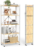 5 Tier Folding Storage Shelves with Wheels, Foldable Bookshelf No Assembly Collapsible Shelf Heavy Duty Rolling Shelving Unit for Kitchen Bedroom Living Room (White, 27.9"x 13.3"x 62.6")