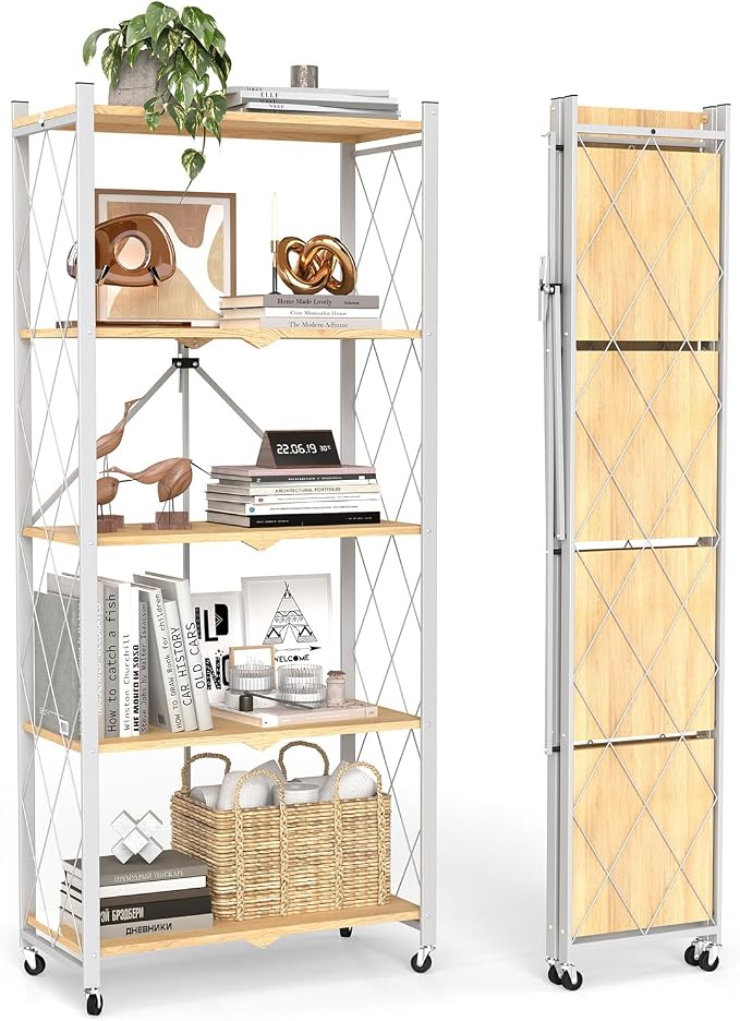 5 Tier Folding Storage Shelves with Wheels, Foldable Bookshelf No Assembly Collapsible Shelf Heavy Duty Rolling Shelving Unit for Kitchen Bedroom Living Room (White, 27.9"x 13.3"x 62.6")