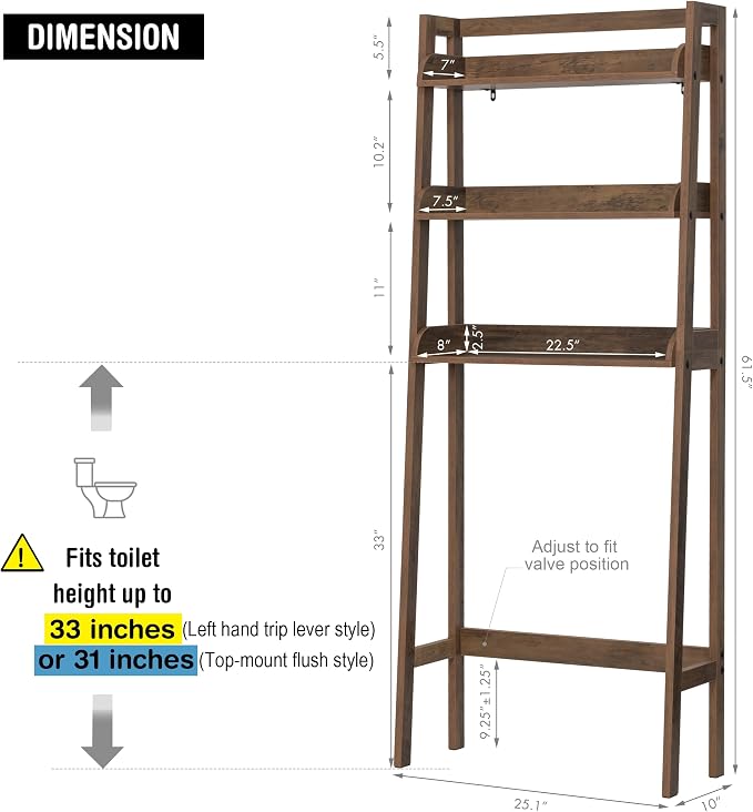 UTEX Over Toilet Bathroom Organizer, 3-Tier Storage Shelf Rack, Wood Grain | Ladder Design, 3 Open Shelves for Towels & Toiletries, FSC-certified Engineered Wood, Adjustable Crossbar, Anti-tip Bracket
