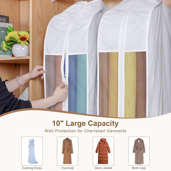 60" Premium Cotton Garment Bag for Hanging Clothes and Storage, Breathable Dress Bags for Gowns with Extra Large 10" Gusseted & Clear Window, Dust Cover with Zipper for Long Dresses, 3 Pack