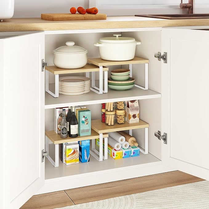 HOOBRO Cabinet Organizer Shelf, Set of 2, Kitchen Countertop Organizer, Kitchen Countertop Shelf, Spice Rack for Counter, Stackable, Expandable for Cabinet, Kitchen, Natural and White WN33TL01