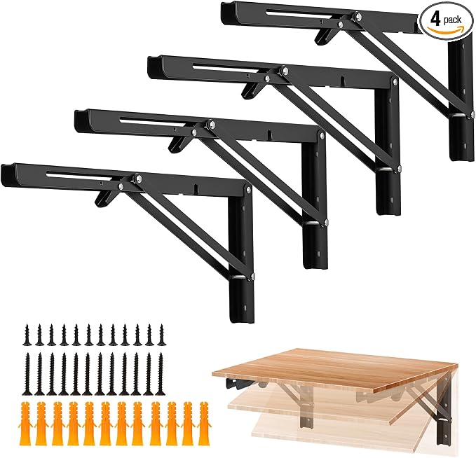 Ravinte Matte Black Folding Shelf Brackets, 16 Inch, 4 Pack | Collapsible Bracket Design, Table And Bench Support, Space-Saving Shelf Setup, For Worktops, Laundry Rooms, Garage Projects