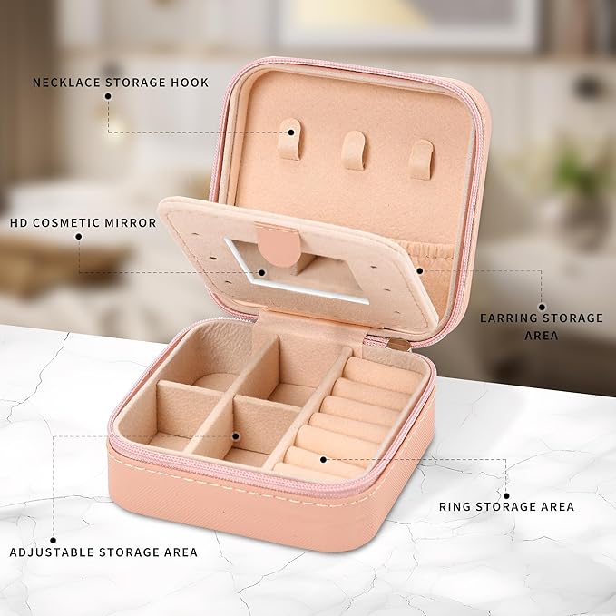Neveika Jewelry Box with Mirror,Small Jewelry Organizer Box，Travel Jewelry Case for Women，Gift Jewelry Boxes for Female Girls (4pcs mirror pink)