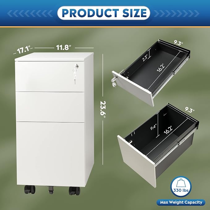 DEVAISE Slim File Cabinet with Lock, 3 Drawer Mobile Filing Cabinet for Legal/Letter/A4 Size, Fully Assembled Except Wheels, White