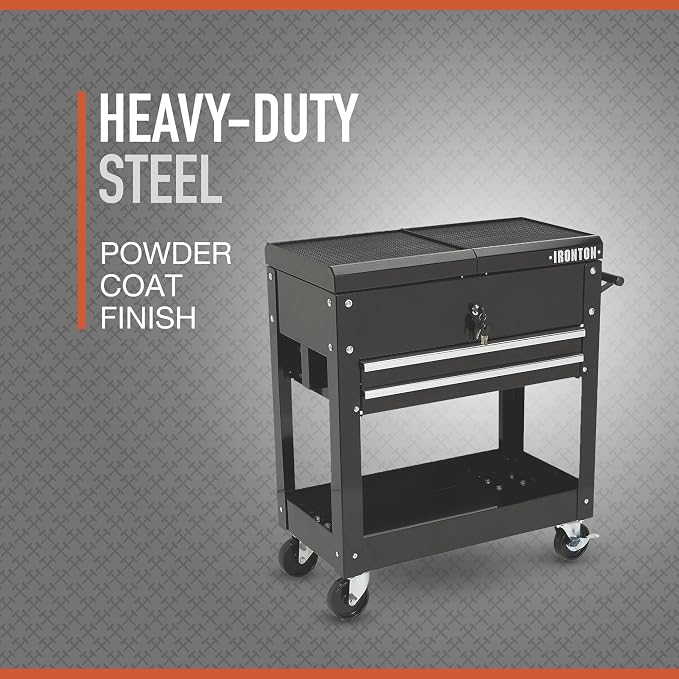 Ironton 28in. 2-Drawer Rolling Tool Cart, 350-Lb., Locking Drawers | Heavy-duty steel frame, open lower tray, quick-access tool organization, garage/workshop/warehouse use, easy maneuvering
