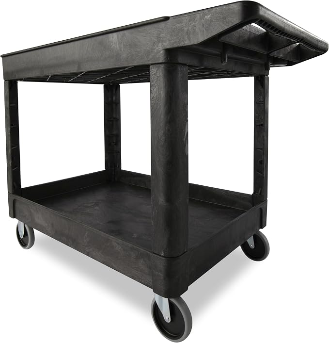 Rubbermaid Commercial Products 2-Shelf Utility/Service Cart, Medium, Black, Lipped Shelves, Ergonomic Handle, 500 lbs. Capacity, for Warehouse/Garage/Cleaning/Manufacturing