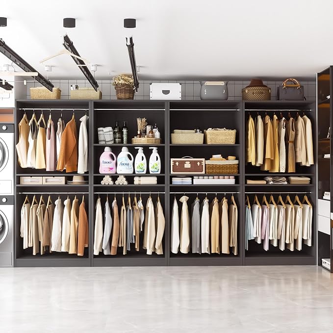 Unikito 12FT Modular Closet System with 8 Hanging Rods, 2800LBs Wood Garment Rack, 4-Pieces Ultra-Wide Walk-in Closet Organizer, Freestanding Clothing Shelves, Black