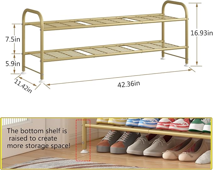 LINZINAR 2 Tier Long Shoe Rack for Closet Metal Shoe Organizer for Entryway | Spacious design stores 15+ pairs of shoes,durable metal frame,space-saving organizer for closet, hallway, and Entryway Gold