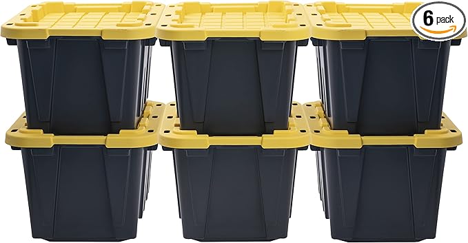 CX BLACK & YELLOW 12-Gallon Heavy Duty Storage Bins with Lids, Stackable Plastic Storage Bins, Dorm Room Essentials, Back to School, Classroom Organization, Home Organization, 6 Pack (12.51H x 16.3W x 21.8D)