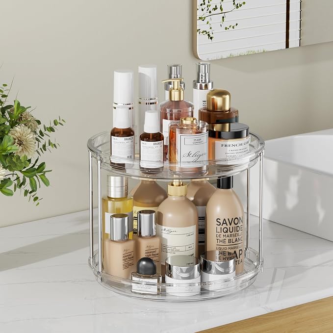 360° Rotating Makeup Organizer 2 Tier 10.6" Clear Lazy Susan Turntable Skincare Perfume Organizer Bathroom Countertop Vanity Tray Space-Saving Cosmetic Storage for Dresser