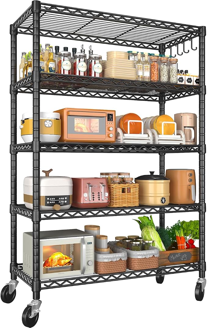 5 Tier Storage Shelves 74" H Wire Shelving Adjustable Metal Shelving,1250LBS Pantry Shelves Sturdy Steel Wire Shelf for Kitchen Commercial Pantry Garage Warehouse,74" H X36 W X14 D, Black