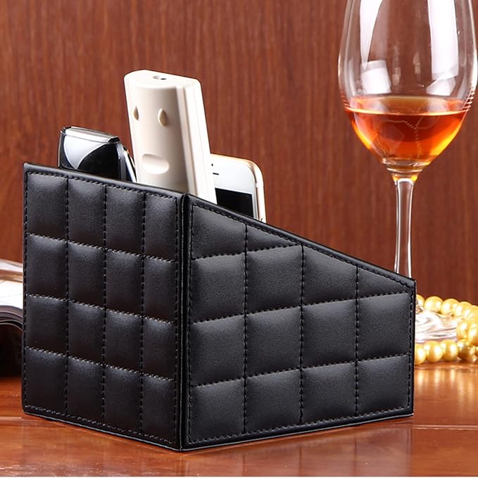 Fashionable PU Leather TV Remote Control Holder with 3 Compartments, Storage Rack, Storage Box, Media Accessory Storage, Desk Organizers (Black Grid)