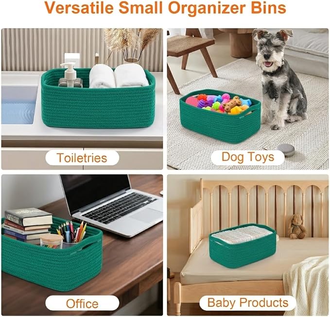 Small Storage Baskets for Organizing, Woven Storage Bins for Shelves, Gift Basket Empty, Cute Decorative Closet Organizer, Baby Rope Basket, Dog Toy Storage, 11x7.5x4.5”, 3Packs Green