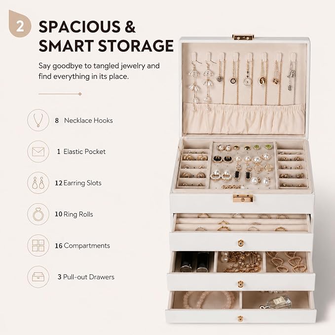 Leather Jewelry Box with Lock for Women, 4-Tier 3-Drawer Large Capacity Organizer, Vanity Storage Case for Earrings Rings Necklaces, Elegant Gift for Her (White, 9" L x 6.7" W x 7" H)