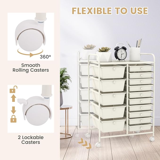 DREAMADE Rolling Cart with 15 Drawers, Rolling Drawer Organizer Cart w/Lockable Wheels, Removable & 2-Sized Storage Drawers, Art Cart for School Home Art Supplies Crafts File Scrapbook