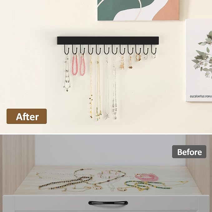ZEDODIER Necklace Organizer Wall Mount, Wooden Self-Adhesive Jewelry Hanger with 12 Adjustable Hooks, Hanging Holder for Necklace, Belts, Tank Tops, Bras, Black
