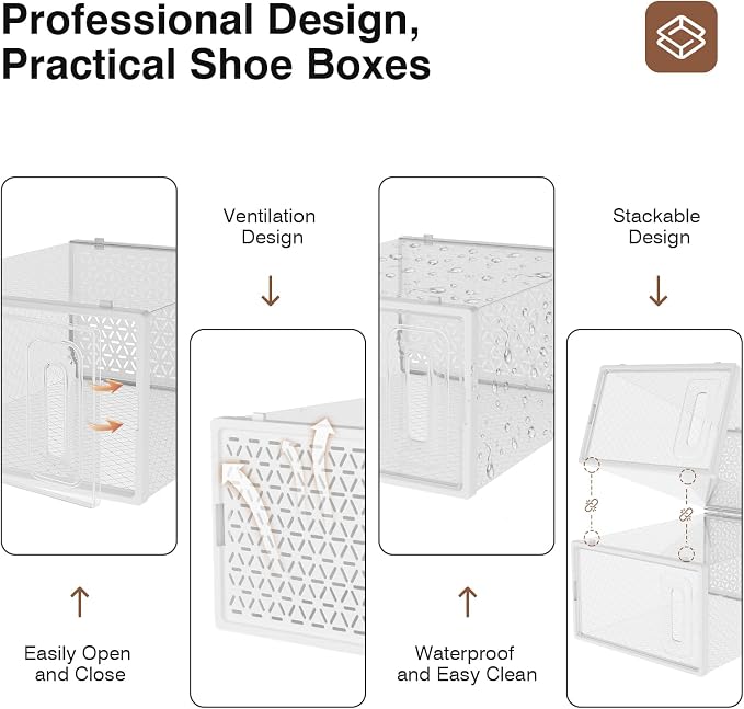 Shoe Boxes, 12 Pack Clear Plastic Stackable Shoe Storage Boxes Fit US Size 10, Ventilated Dust-Proof Sneaker Containers, Shoe Organizer for Closet, Entryway, 13.1 x 9 x 5.5 Inches, White