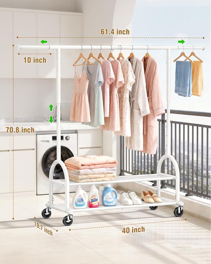 EAGMAK Heavy Duty Clothes Rack for Hanging Clothes Load 556 LBS, Height Adjustable Rolling Clothing Racks, Portable Metal Coat Rack Garment Wardrobe with Wheels and Shelves for Bedroom Laundry, White
