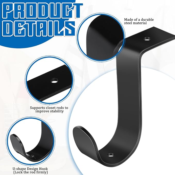 Hicarer 2 Pcs 1.38 Inch Closet Rod Brackets Heavy Duty Metal Wall Mount Rod Brackets with Screws Closet Pole Support for Living Room Bedroom Shelf Office(Black)