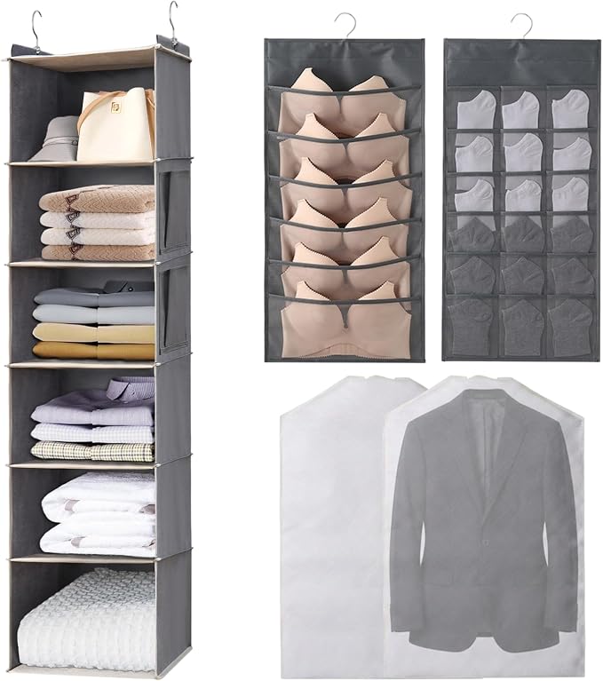 6 Tier Shelf Hanging Closet Organizer, Closet Hanging Shelf with 2 Sturdy Hooks,1 Sock Bag and 5 White Garment Bags, for Clothes, Shoes, Hats, Dorms and RVs, Foldable (Grey)