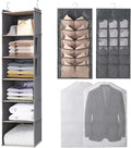6 Tier Shelf Hanging Closet Organizer, Closet Hanging Shelf with 2 Sturdy Hooks,1 Sock Bag and 5 White Garment Bags, for Clothes, Shoes, Hats, Dorms and RVs, Foldable (Grey)