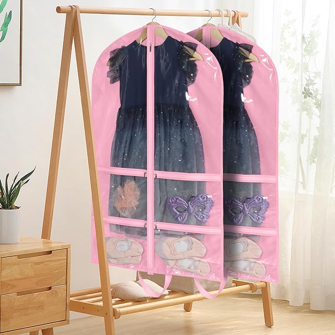 KEEGH 40 inch Clear Garment Bags for Dance Costumes, 6 Pack, Pink | 4 Zipper Pockets, for Dance Competitions, Ballet, Theatre, Dance Garment Bags for Dancers, Hanging Clothes for Closet Storage