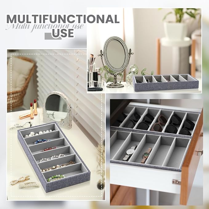 Juexica 4 Pcs Velvet Sunglasses Organizer Tray 6 Grid Sunglass Organizer Velvet Tray Stackable Glasses Display Case for Women Glasses Jewelry Display Watch (Gray)