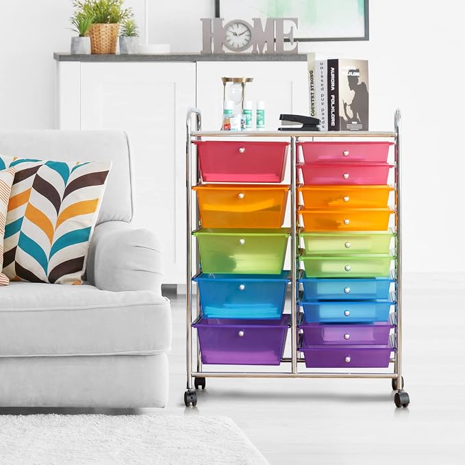 DREAMADE Rolling Cart with 15 Drawers, Utility Cart with Removable Storage Drawers, Lockable Wheels, Art Cart for Home Office Living Room Art Supplies Crafts (Rainbow, 25"L x 14.5"W x 34.5"H)