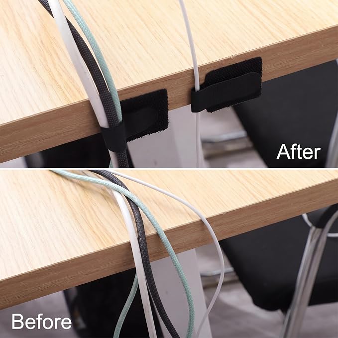 100PCS Cable Management Under Desk, Hook and Loop Cable Straps Self Adhesive Cable Organizer, Reusable Cable Ties for Cords Home Office TV Computer Car Wire Organizer, Black