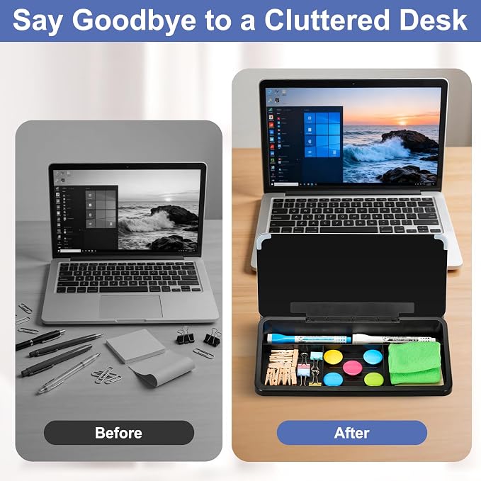 DOLLAR BOSS 12''x7'' Glass Desktop Whiteboard Small Dry Erase Board with Storage Drawer Computer Keyboard Stand Desk Organizer Office Accessories School Supplies with 4 Markers, Black