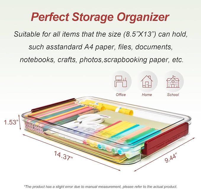 CATOOMUU 3-Pack 9x13 Shallow Flat Clear Plastic Project Case Storage Box | Stackable portable file boxes, organizer container for letter A4 paper, photos, documents, scrapbook, craft, art supplies